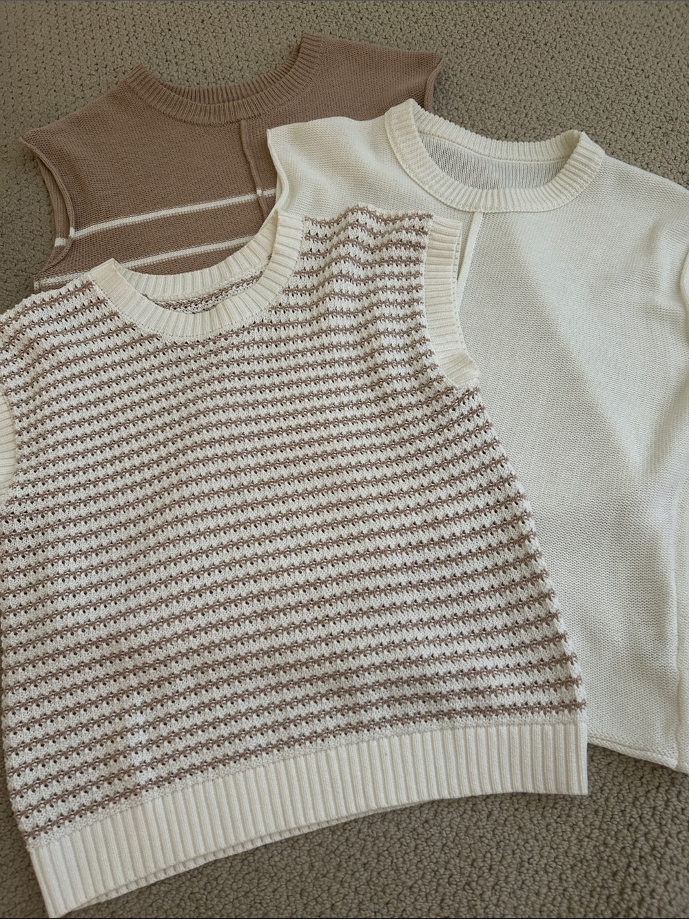 Amazon Women's Knit V-Neck Sweater Vest Trio in Cream & Taupe